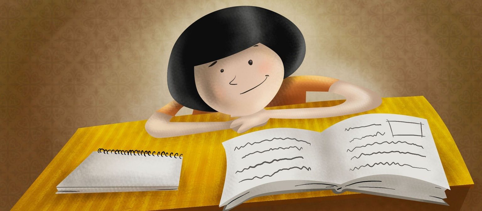 Illustration of a child studying at a desk with books and a notebook
