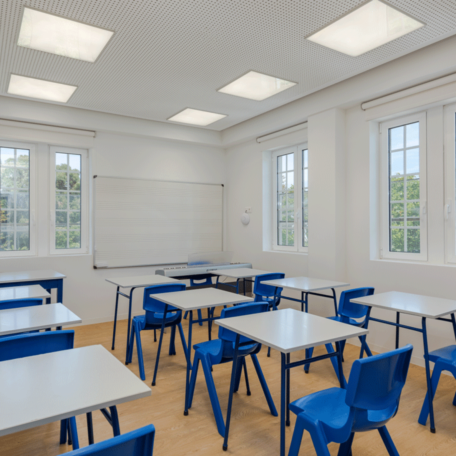 Classroom desks and chairs in a preschool or kindergarten classroom