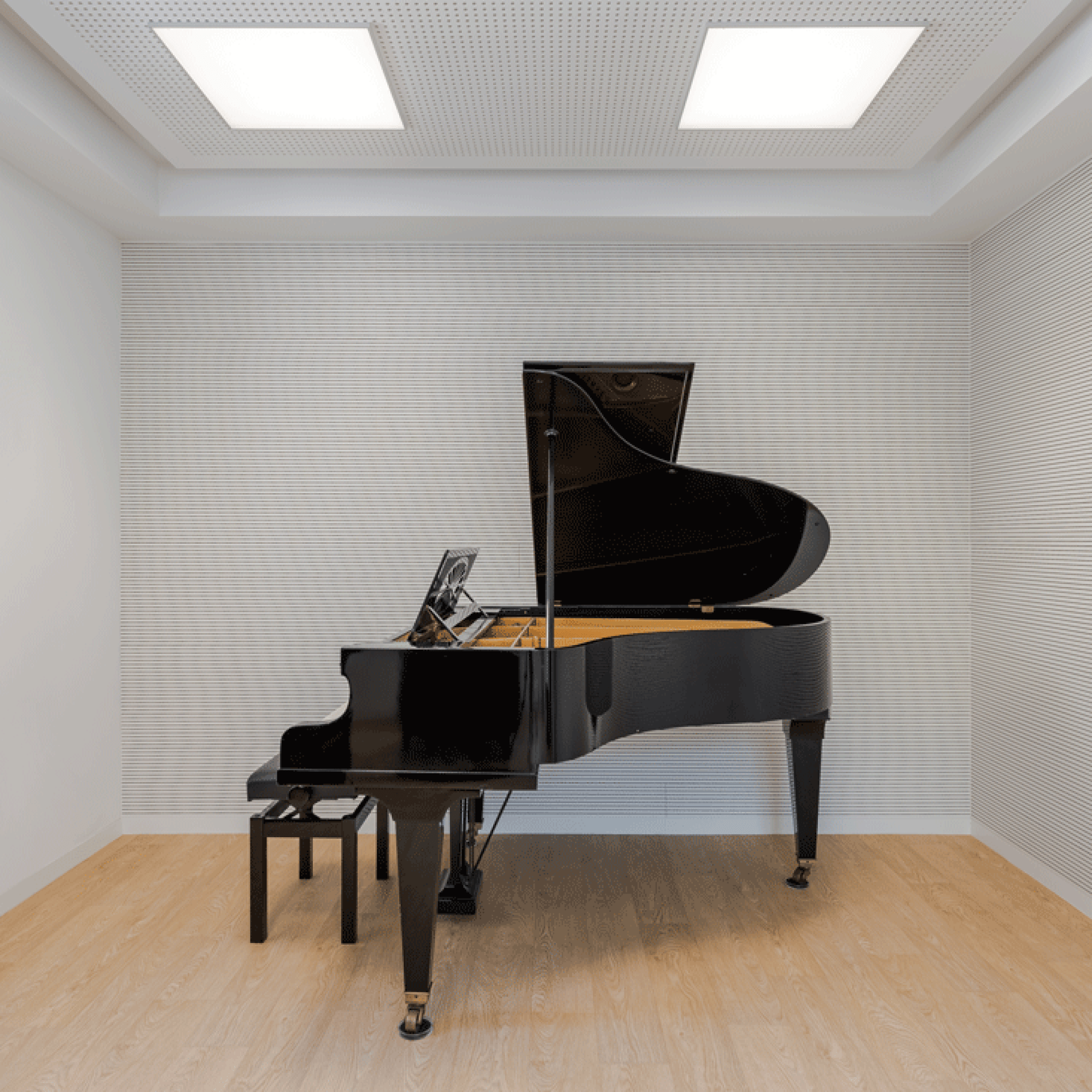 Black grand piano in a music room at Colégio Moderno