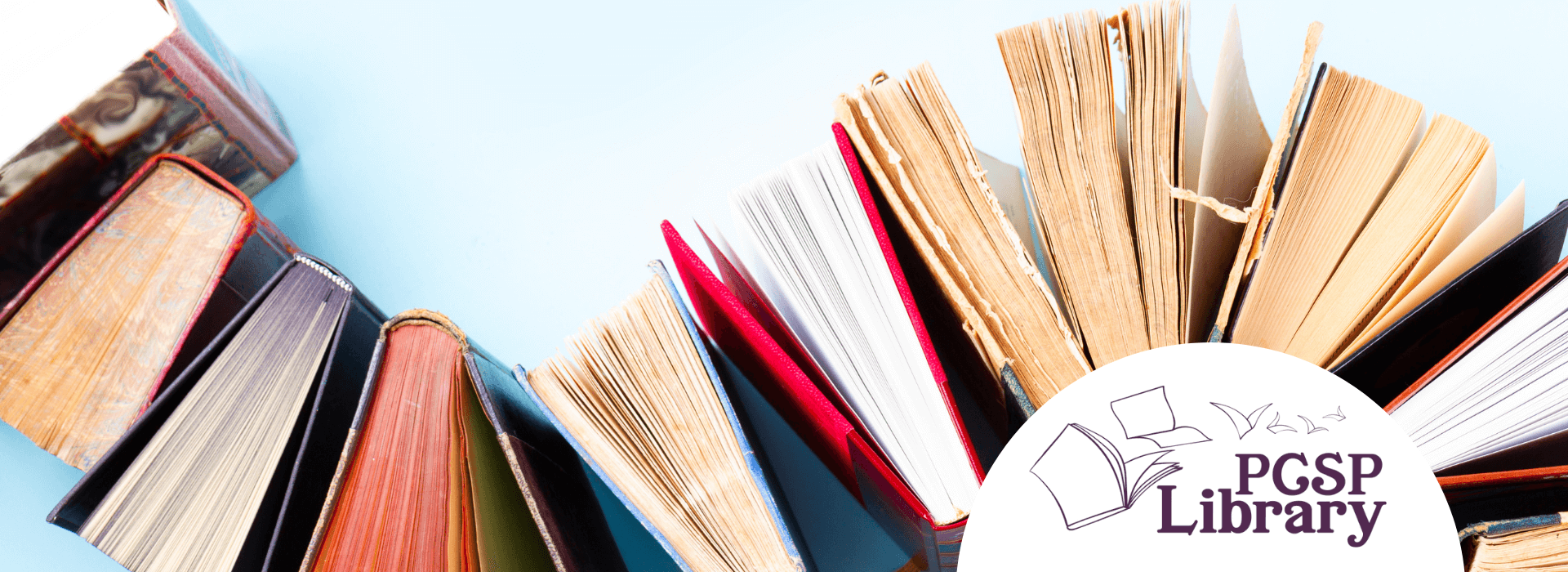 A collection of books arranged in a semicircle, with the PCSP Library logo visible. The image is suitable for a preschool website as it promotes literacy and learning.
