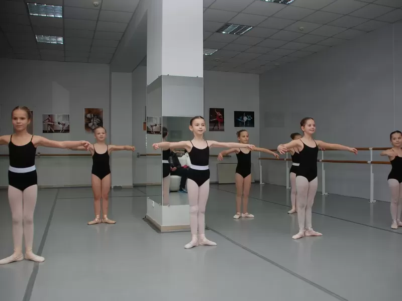 Young ballet dancers in black leotards practicing at the barre in a dance studio