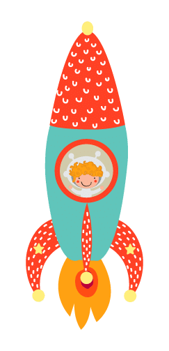 Illustration of a child in a rocket, suitable for preschool websites.