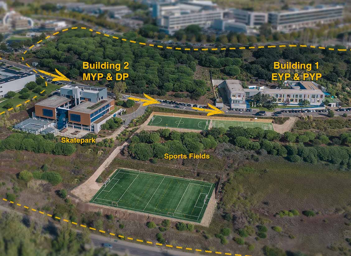 Aerial view of Kids@School, showing the school buildings, sports fields, and skatepark.