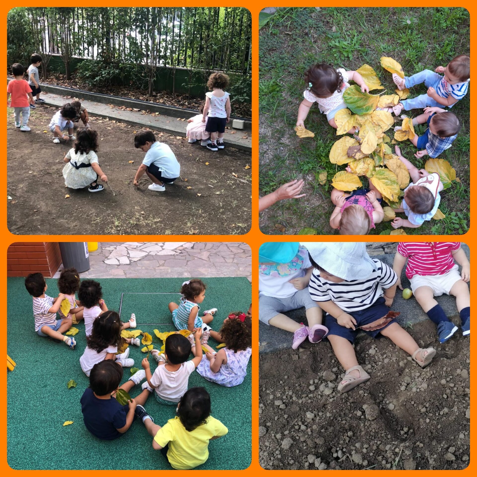 Preschool children playing with autumn leaves outdoors