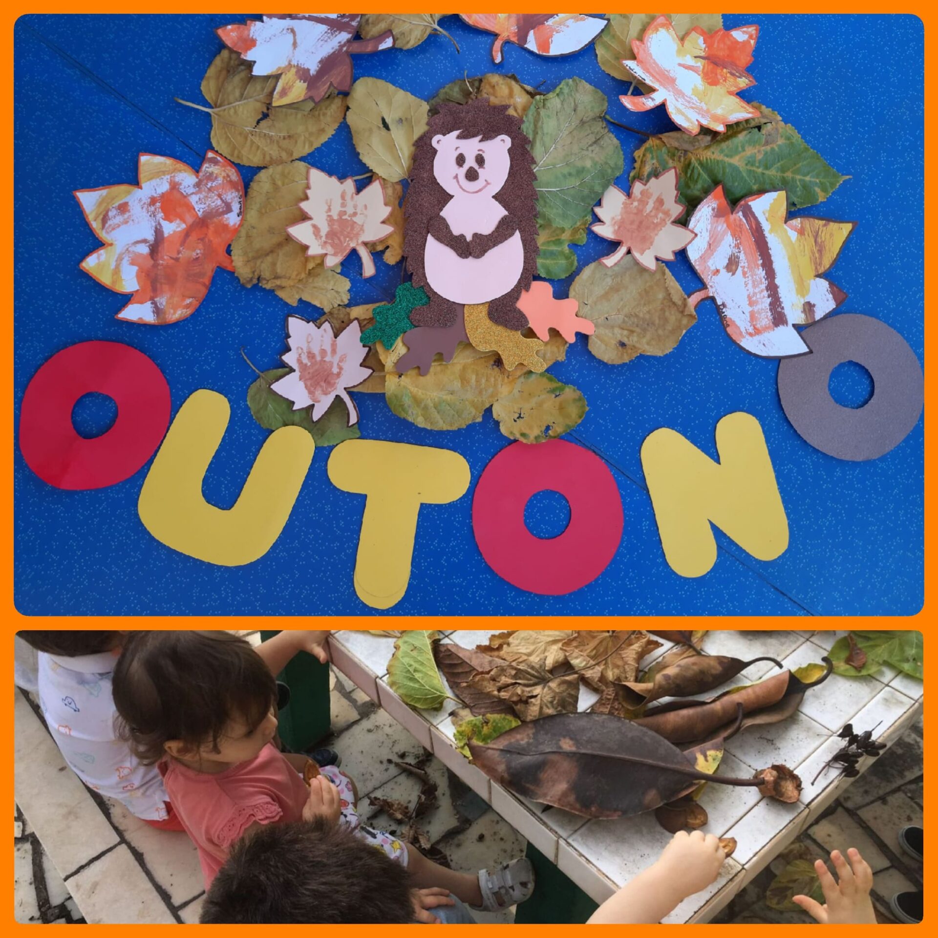Preschool children making autumn crafts with leaves