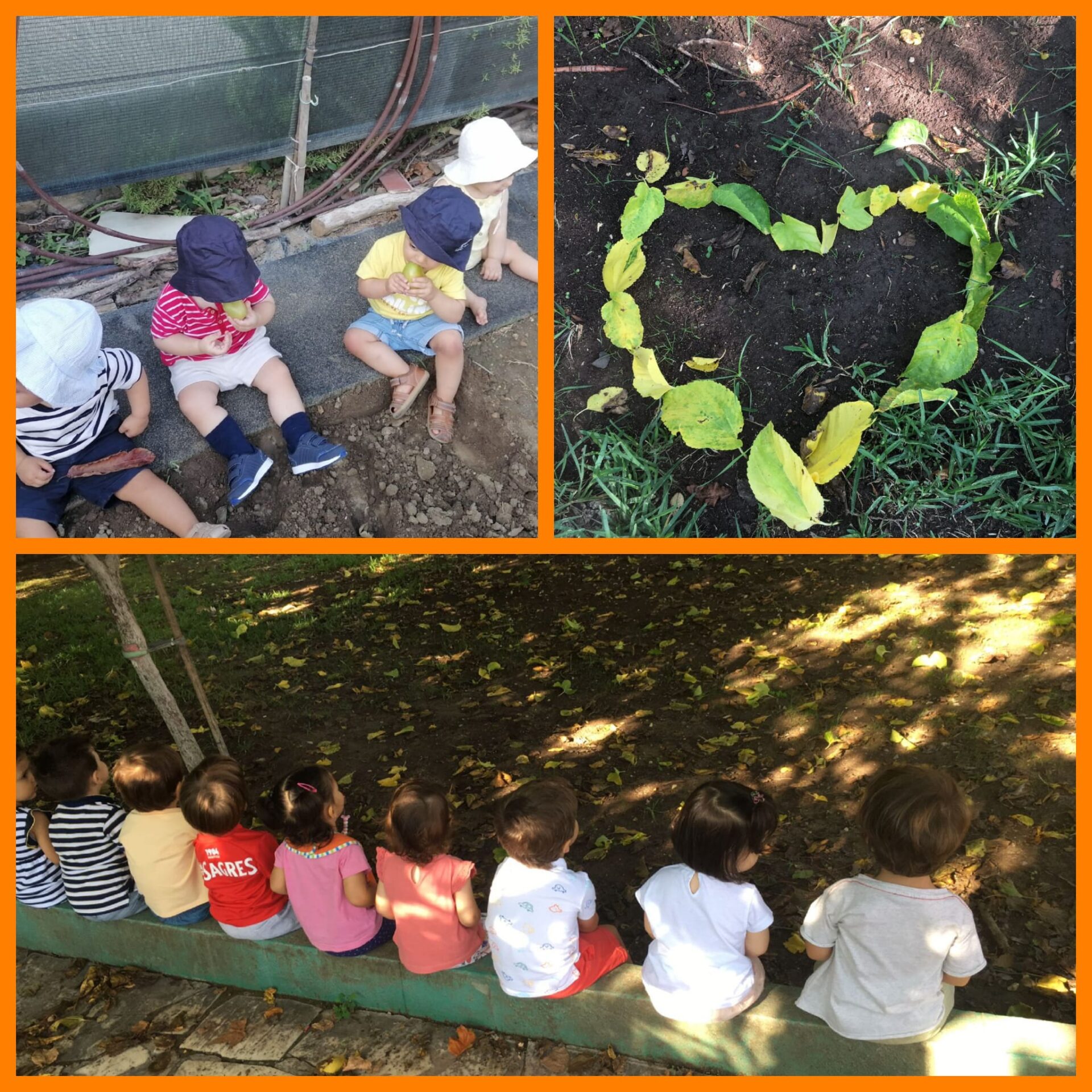 Preschool children engaging in outdoor activities, including gardening and creating leaf art.