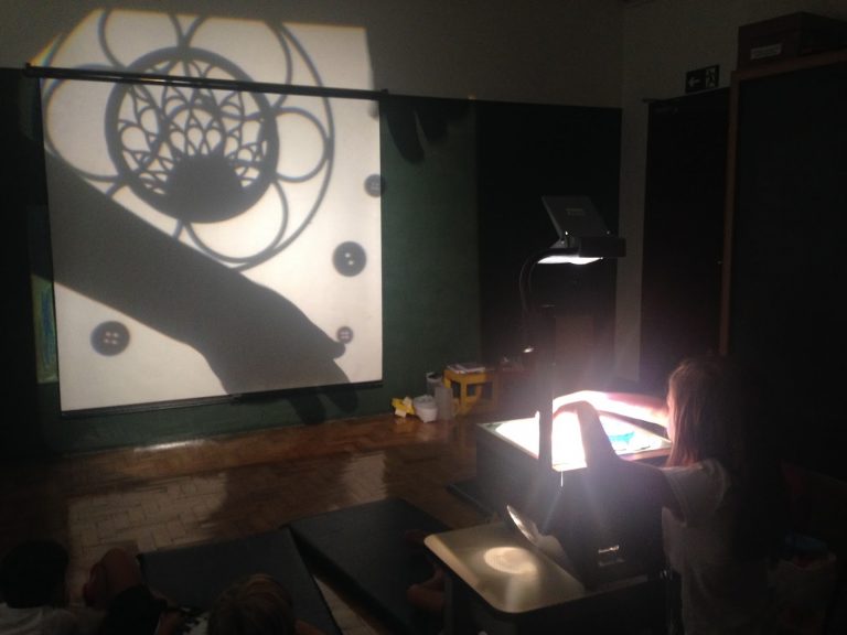 Preschool children participate in a shadow puppet show, projected onto a screen.