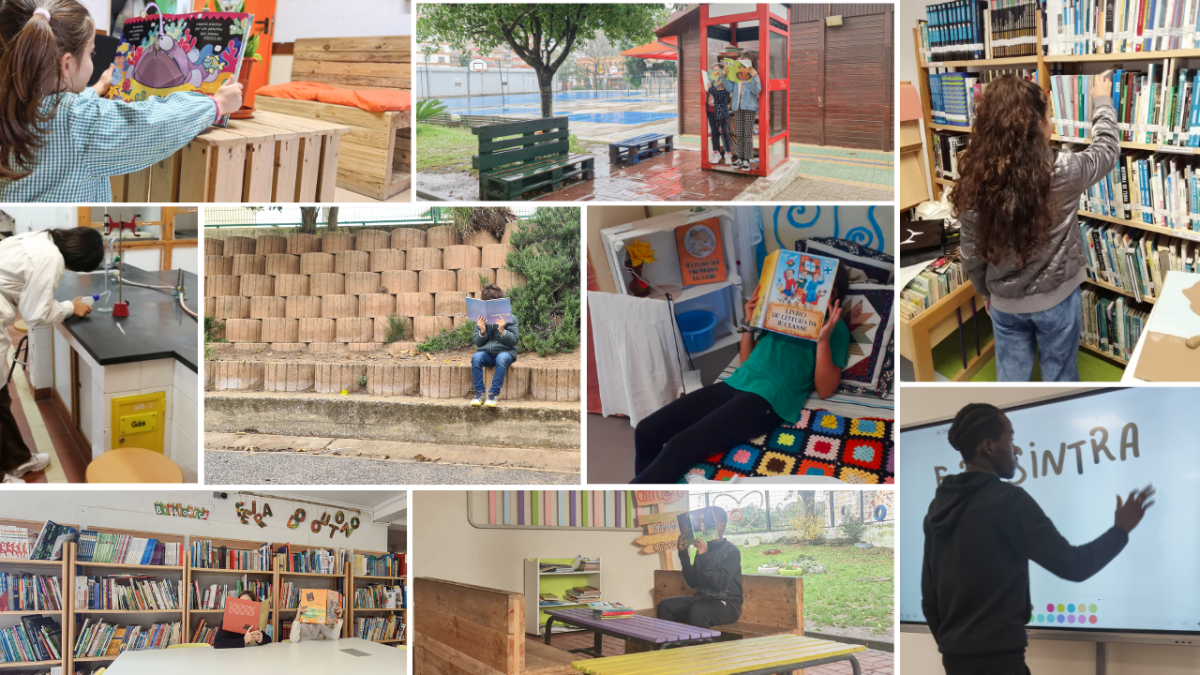 Preschool children engaged in various activities, including reading, science experiments, and using interactive learning tools. The photos showcase the school's library, outdoor play areas, and classrooms.