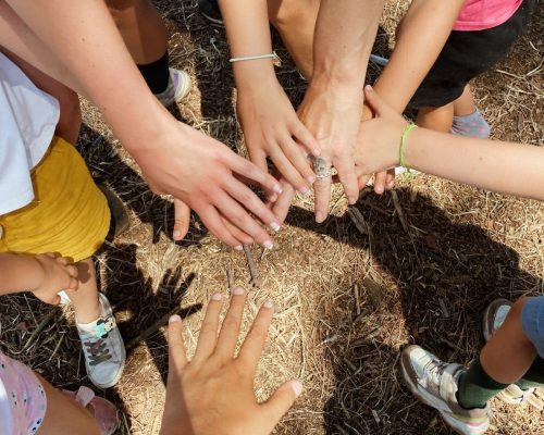 Children and teachers at Cintra Tribus preschool joining hands