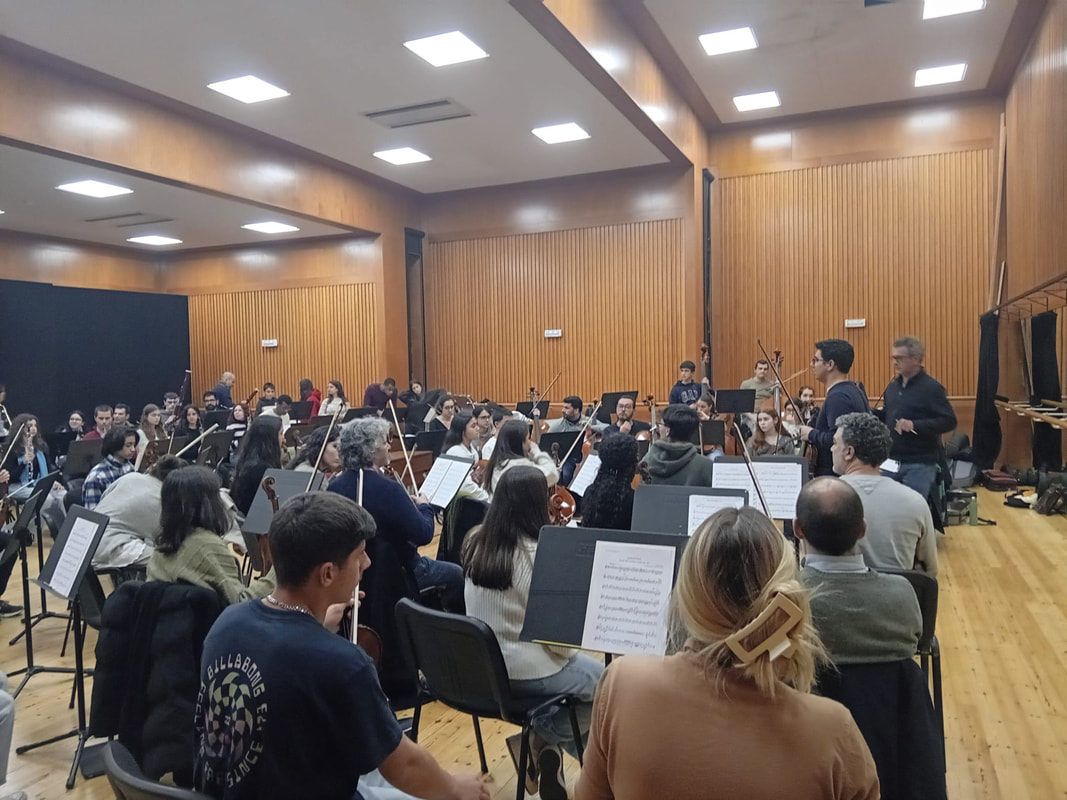 Orchestra students rehearsing in a music hall