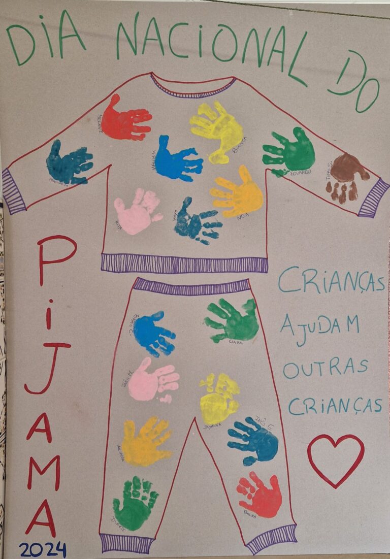 Children's handprints on a drawing of pajamas, celebrating National Pajama Day 2024.  The artwork promotes children helping other children.