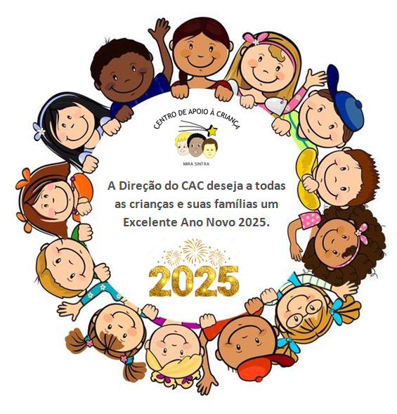 Happy children forming a circle around the logo of Centro De Apoio À Criança ATL, wishing a happy new year 2025.
