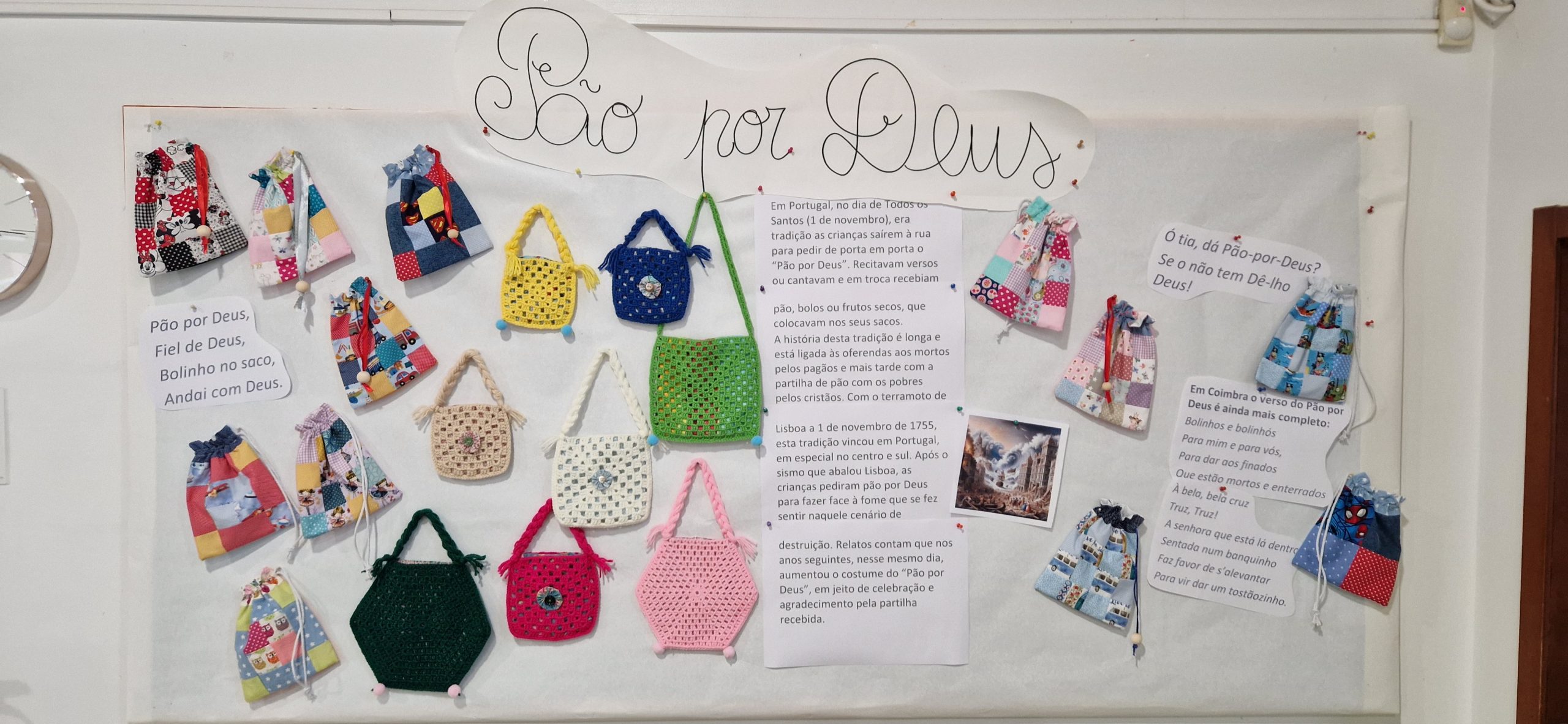 Children's handmade bags displayed on a board, part of a school project about the tradition of "Pão por Deus"
