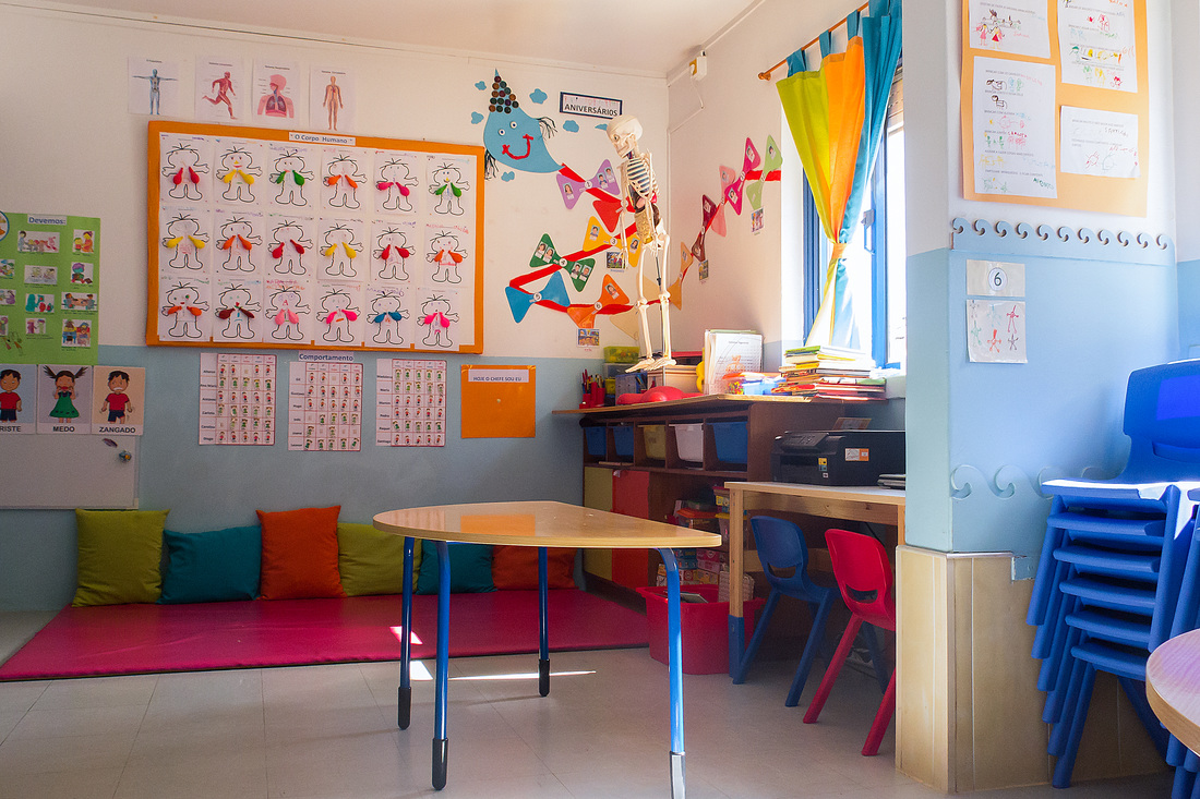 Preschool classroom with colorful decorations, educational charts, and child-sized furniture.