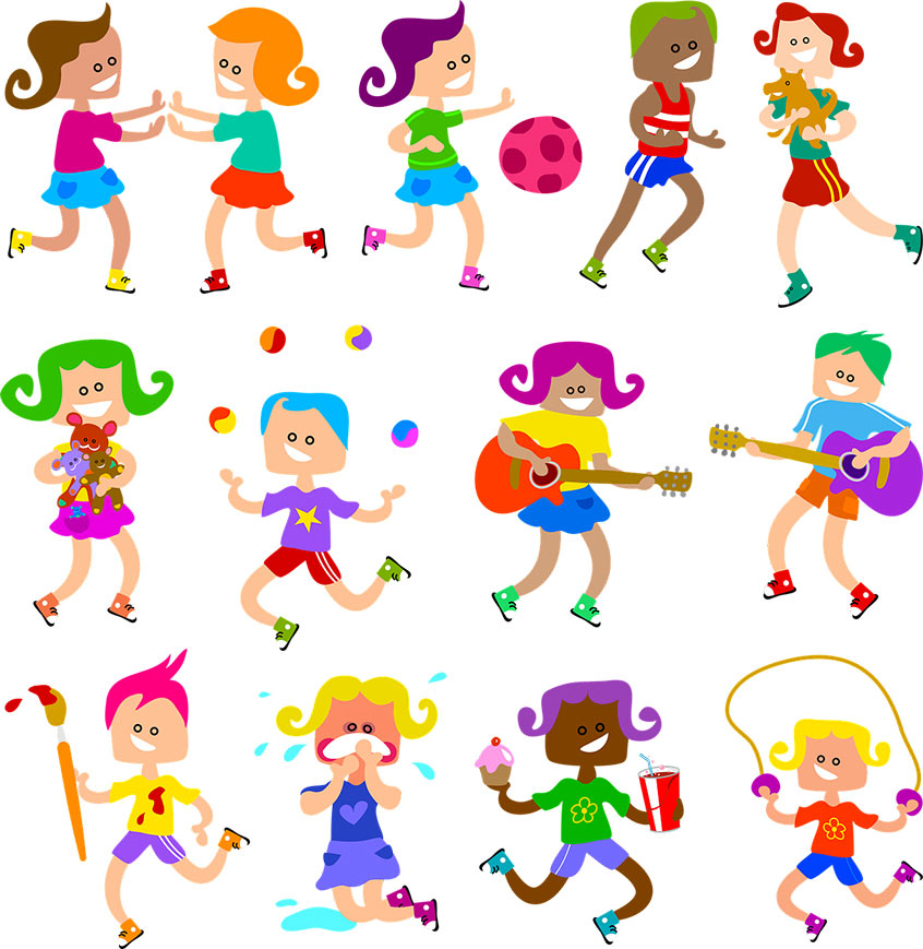 Happy children playing together, engaging in various activities such as playing ball, juggling, playing guitar, painting, and jumping rope.