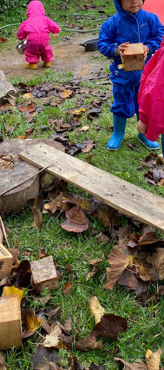 Preschool children playing outdoors with wooden blocks on a grassy area with fallen leaves