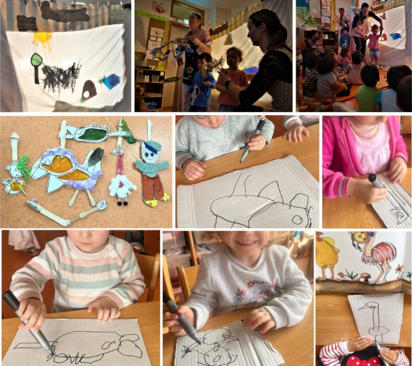 Preschool children participate in arts and crafts activities, creating drawings and paper crafts.