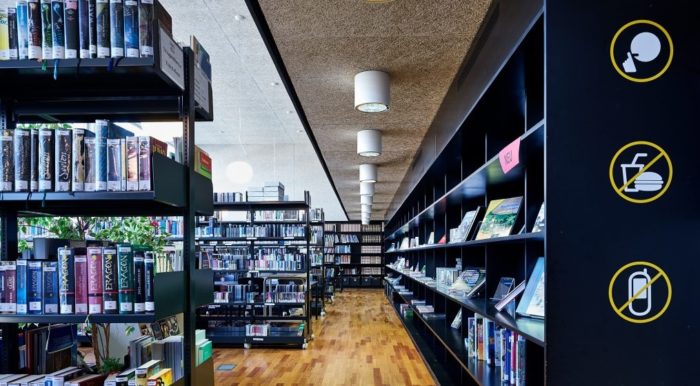 School library with bookshelves filled with various books