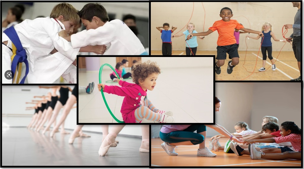 Preschool children participating in various activities such as martial arts, jump rope, ballet, and playing with hoops.