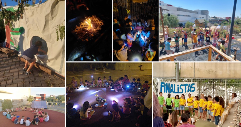 Preschool students participating in a variety of outdoor activities, including a campfire, night games with flashlights, and a group photo.