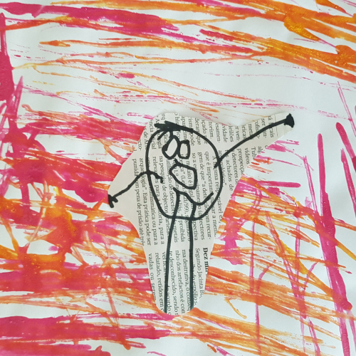 Preschool art project: child's drawing on recycled paper with crayon strokes