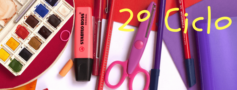 School supplies such as watercolor paints, markers, scissors, and pens on a white background