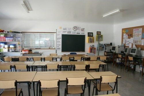 Classroom at Externato Cinderela preschool with desks and chairs arranged for students. 