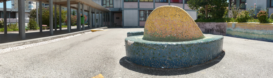 Colorful mosaic bench at Escola Básica Roque Gameiro