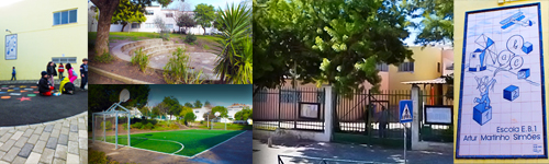 Pictures of the EB1 Ricardo Alberty school, including playground, sports field, and school building