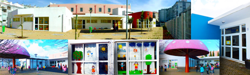 Pictures of the EB1 Ricardo Alberty school building, playground, and classrooms