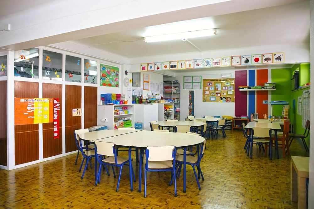 Preschool classroom with tables and chairs, colorful walls, and educational materials
