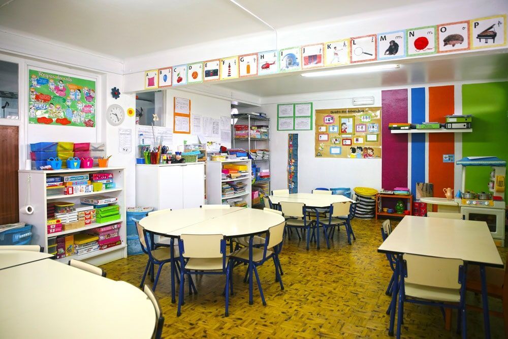 Preschool classroom with colorful furniture and educational materials