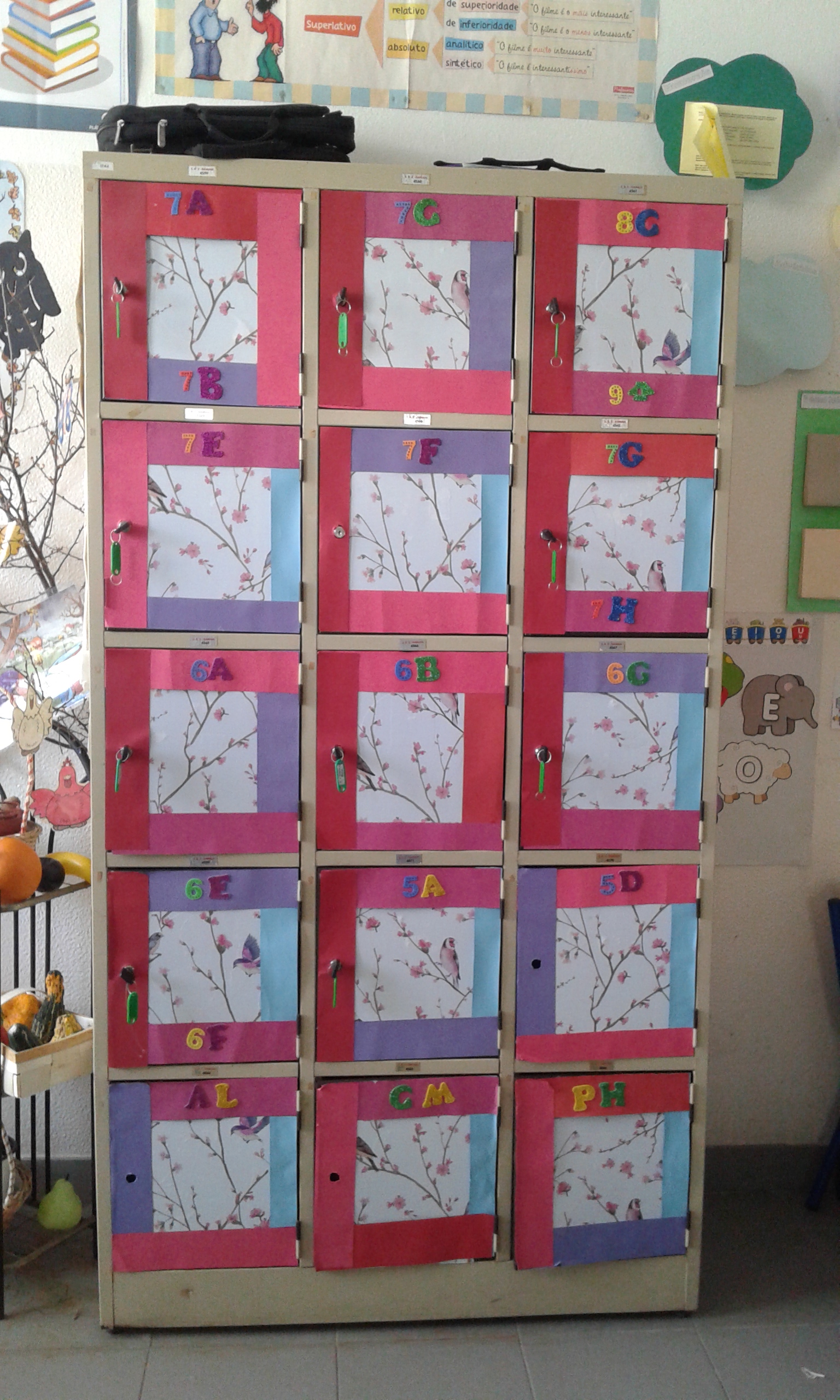 Colorful decorated classroom storage cabinet with student number labels