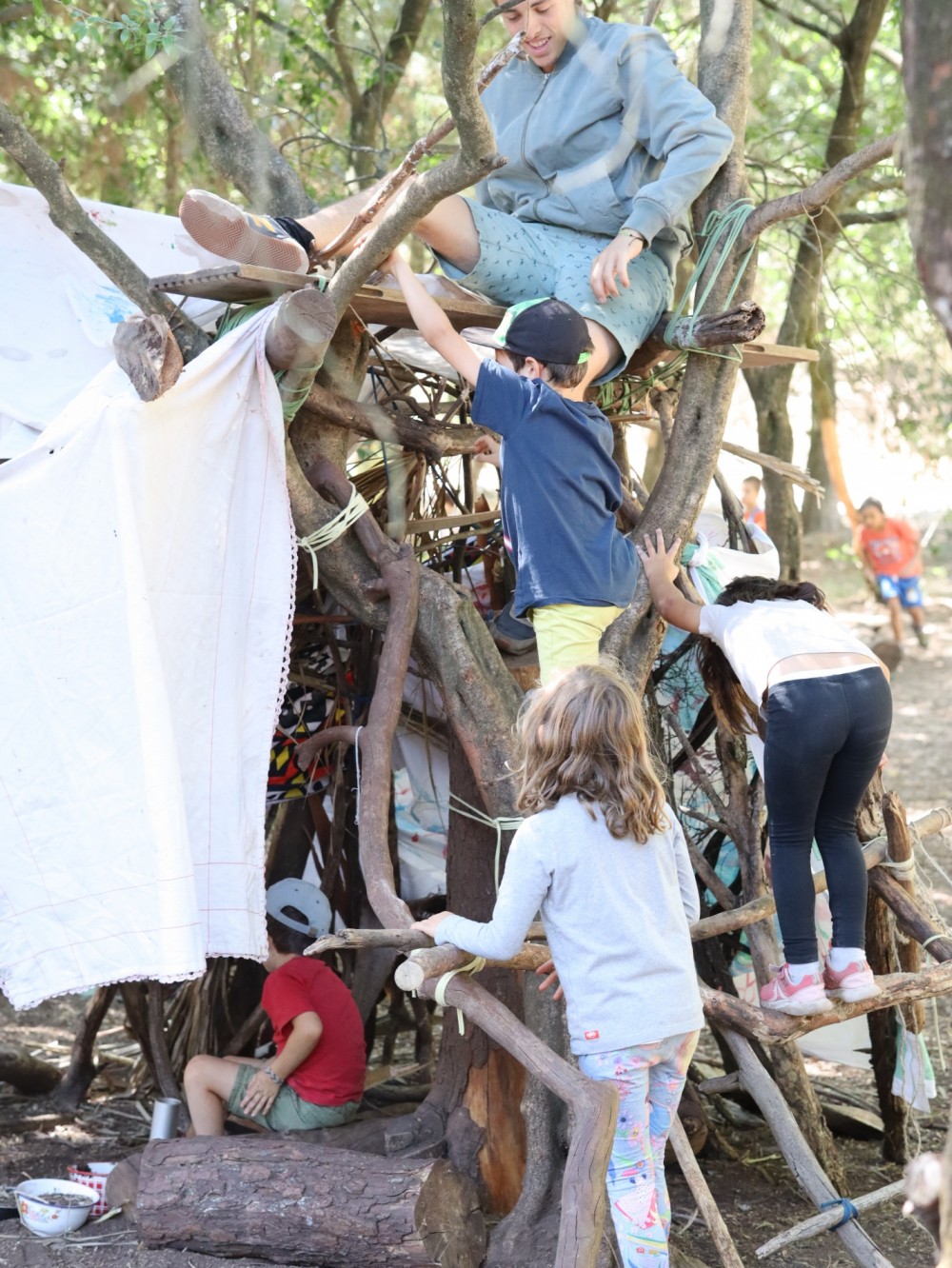 Preschool children playing and climbing on a tree house structure outdoors