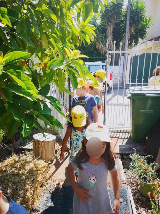 Preschool children walking outdoors in a line