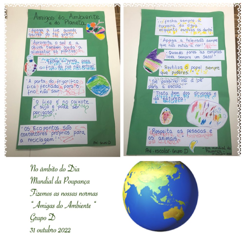 Preschoolers' artwork about environmental protection displayed on a classroom wall