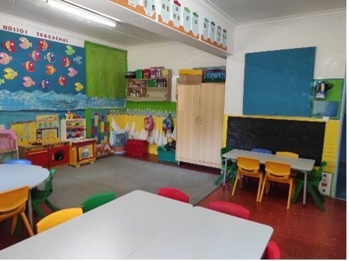 Preschool classroom with colorful furniture and educational materials