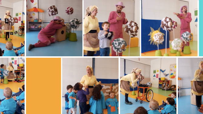 Preschool children participate in a theatrical performance with teachers in costume