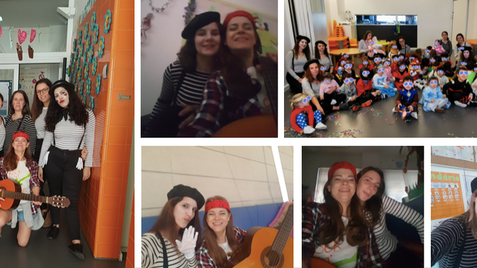 Teachers and students of Os Ilustres preschool celebrating in costumes
