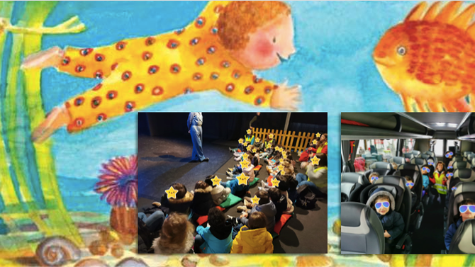 Preschool children enjoying a field trip, watching a show, and traveling on a bus