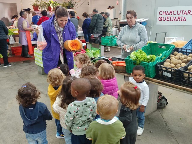 Preschool children on a field trip to a farmer's market, learning about healthy eating.