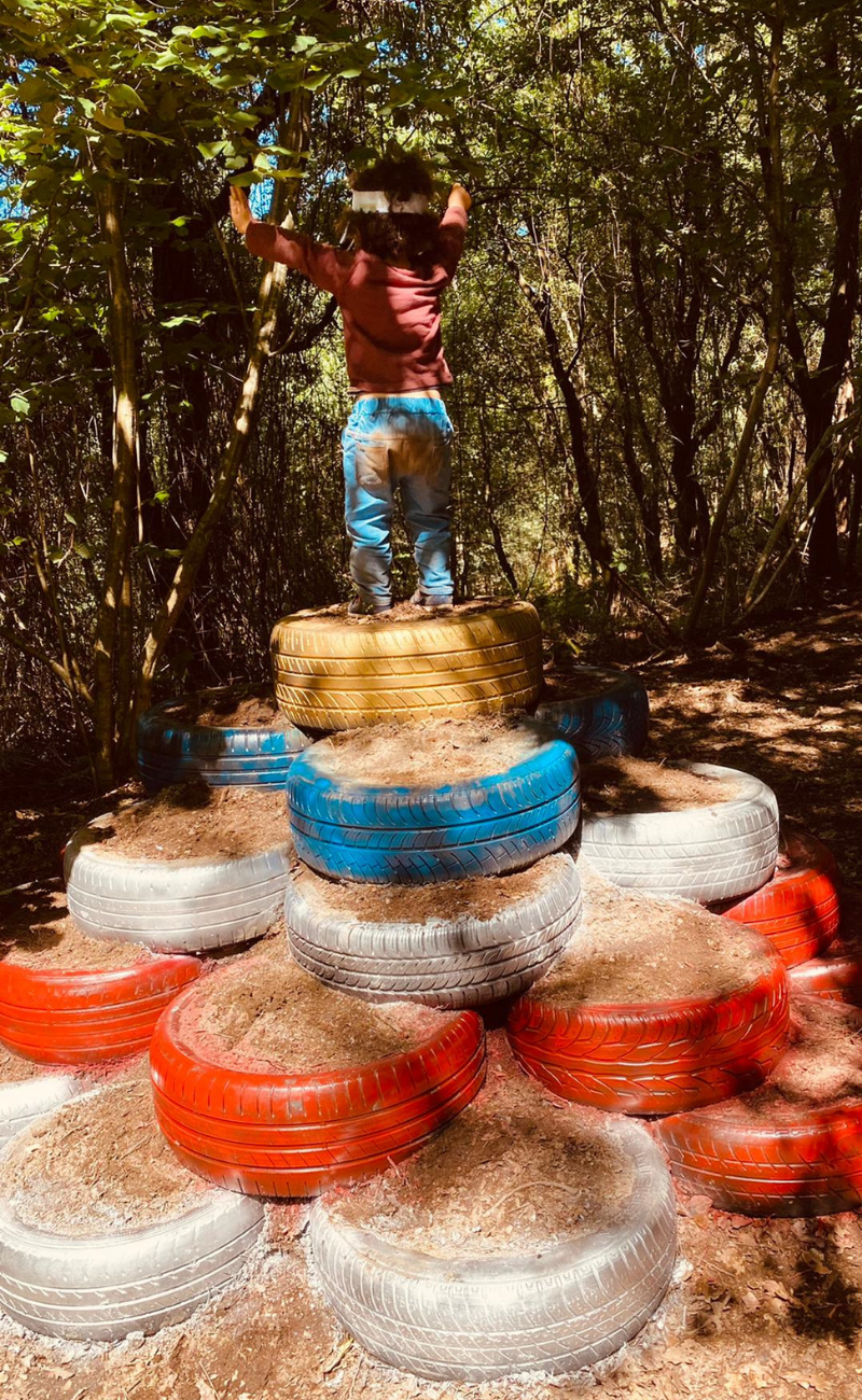 Preschool child playing on a tire obstacle course in a wooded area