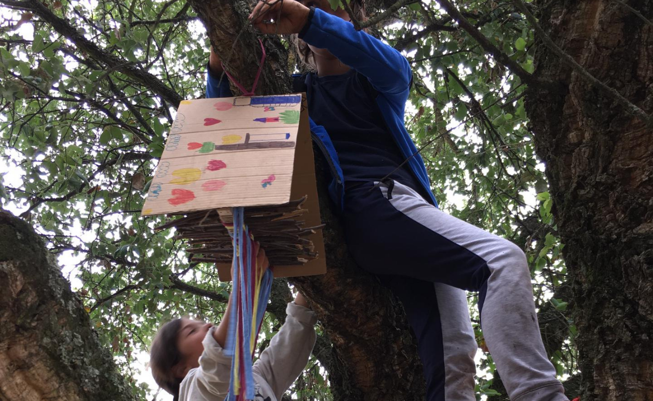 Preschool children collaborating on an art project outdoors, hanging a decorated cardboard creation on a tree.