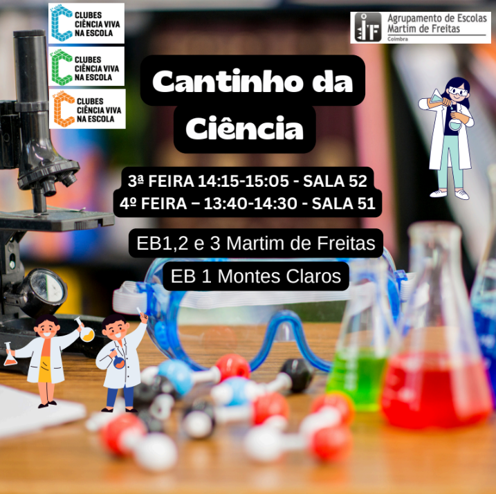 Science fair poster with details about the event, including dates, times, and locations at EB1,2 e 3 Martim de Freitas and EB 1 Montes Claros schools.