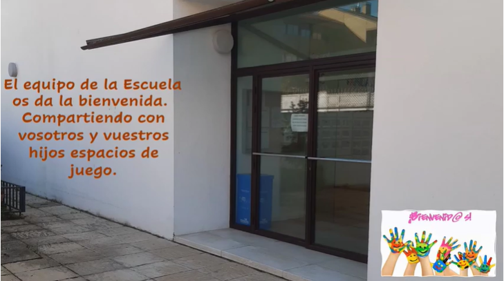 Escuela Infantil Parque Coimbra entrance. Welcome to our school. Sharing play spaces with children and families.