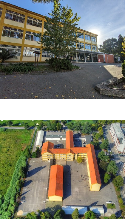 Aerial view of Escola EB 2,3 Inês de Castro, showing the school buildings and playground.