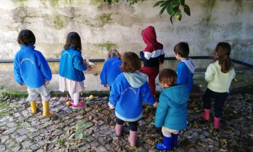 Preschool children in blue jackets exploring outdoors