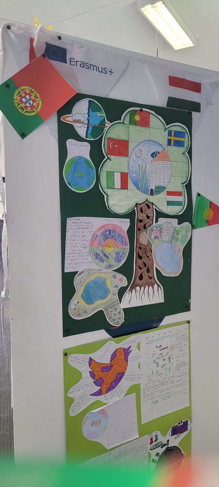 Preschool children's artwork depicting a tree with flags representing different countries, showcasing their participation in the Erasmus+ program.