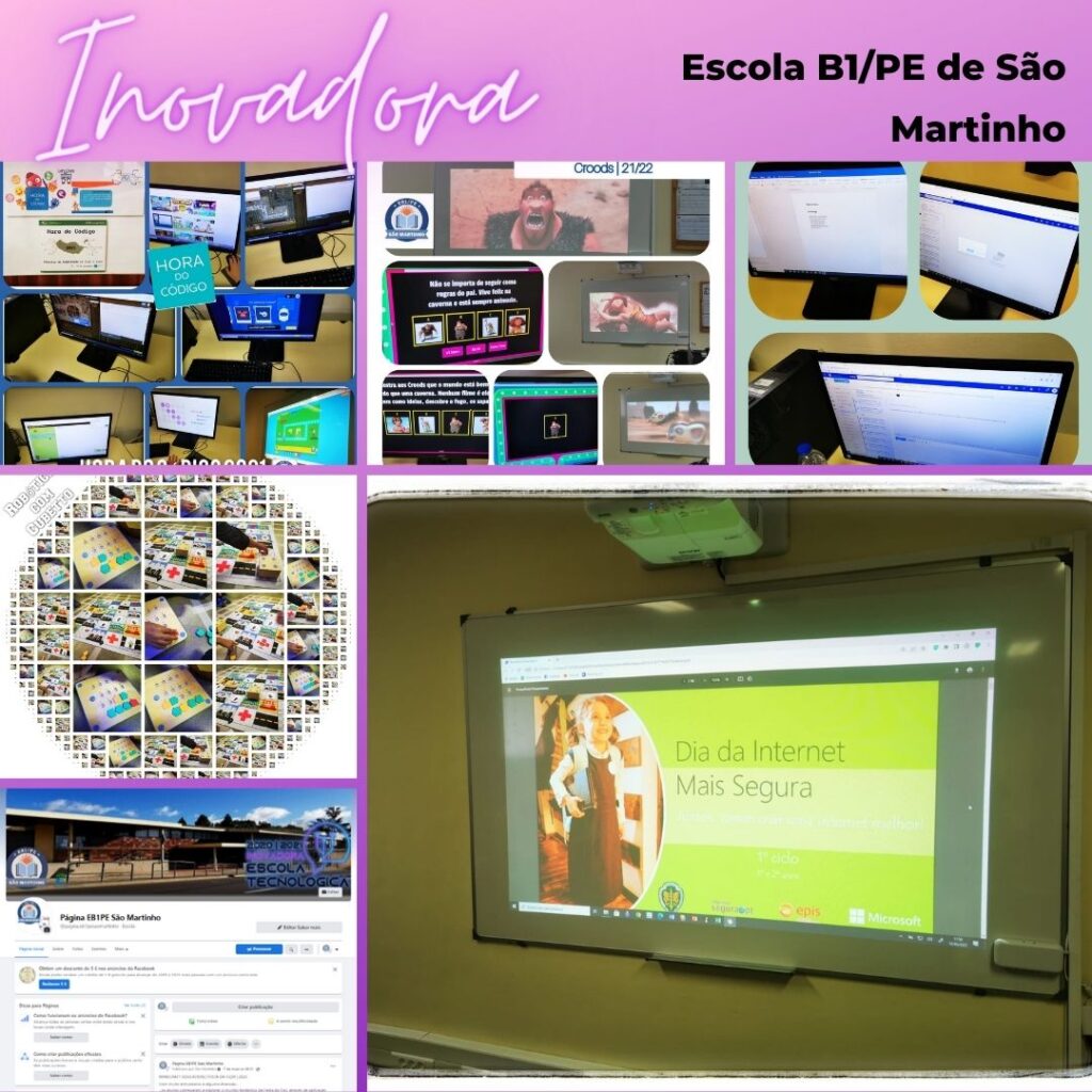 collage of photos showing students engaged in technology-based learning activities at EB1/PE de São Martinho school, including coding, interactive games, and presentations