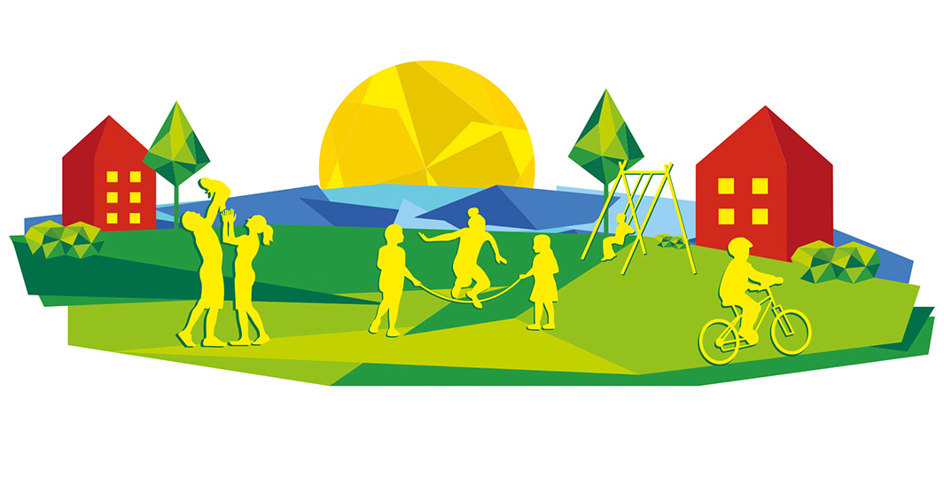 Children playing outdoors, jumping rope, riding bikes, and playing on a swing set. A family is also shown playing together. This illustration depicts a safe and fun outdoor environment.